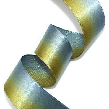 #18 olive&blue sky 2色グラデーション 片面有光サテン 幅15/25㎜ 長さ22M