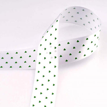 ハートプリントサテン White/Green 幅15/25㎜ 長さ22M