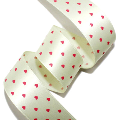 ハートプリントサテンcream/red 幅15/25㎜ 長さ14M