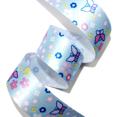 #07 sky バタフライプリントサテン 幅25/40㎜ 長さ22M