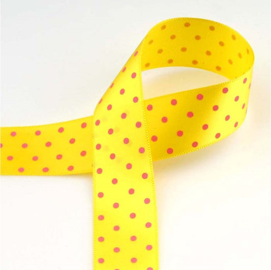 [柄入り・サテン]ドット Yellow/Pink 幅15/25㎜ 長さ22M