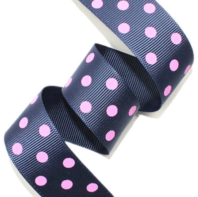 ドット(中) プリントグログラン Navy/Pink 幅15/25㎜ 長さ22M