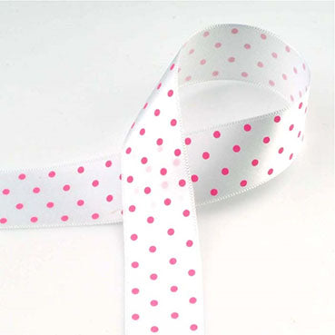 [柄入り・サテン]ドット White/Pink 幅15/25㎜ 長さ22M