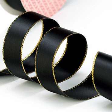 #030 黒(くろ) サテンゴールドステッチ 幅9/16/22/38㎜ 長さ22/90M