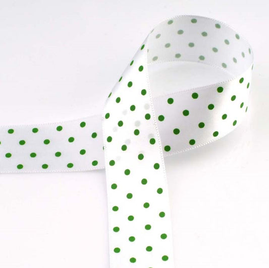 [柄入り・サテン]ドット White/Green 幅15/25㎜ 長さ22M