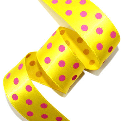 [柄入り・サテン]ドット(大) yellow/pink 幅25㎜ 長さ22M