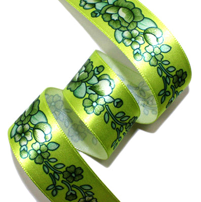 #06 yellow green ローズプリントサテン 幅25㎜ 長さ22M