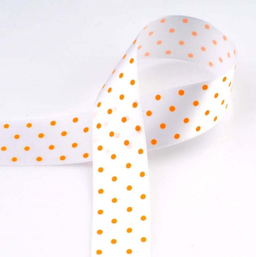 [柄入り・サテン]ドット White/Orange 幅15/25㎜ 長さ22M