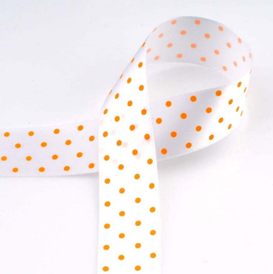 [柄入り・サテン]ドット White/Orange 幅15/25㎜ 長さ22M