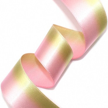 #05 pink&khaki 2色グラデーション 片面有光サテン 幅15/25㎜ 長さ22M