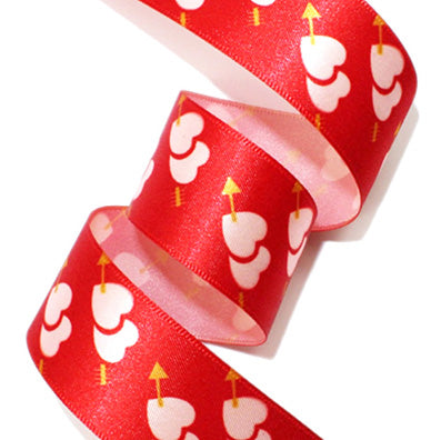 ダブルハートプリントサテン red 幅15/25㎜ 長さ13M