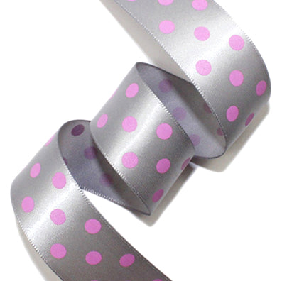 [柄入り・サテン]ドット(大) gray/pink 幅25㎜ 長さ22M