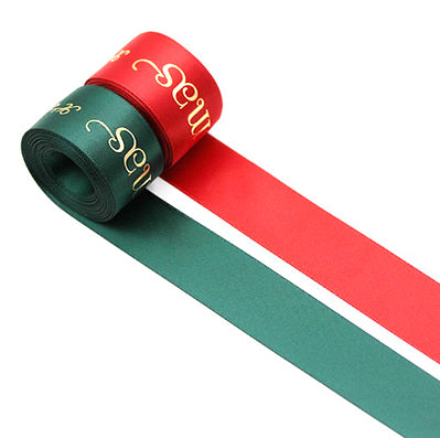 クリスマステキストサテンリボン Red/Green 幅25㎜ 長さ22/90M