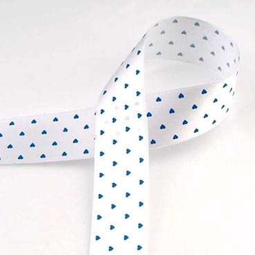 ハートプリントサテン White/Blue 幅15/25㎜ 長さ22M