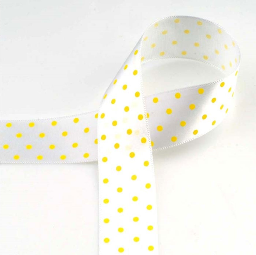 [柄入り・サテン]ドット White/Yellow 幅15/25㎜ 長さ22M