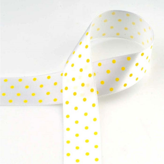 [柄入り・サテン]ドット White/Yellow 幅15/25㎜ 長さ22M