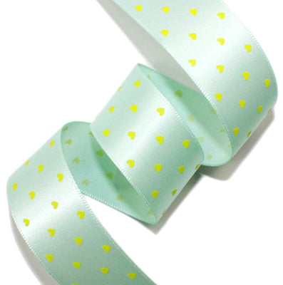 ハートプリントサテン mint/yellow 幅15/25㎜ 長さ14M