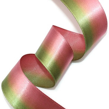 #28 khaki&red bean 2色グラデーション 片面有光サテン 幅15/25㎜ 長さ22M